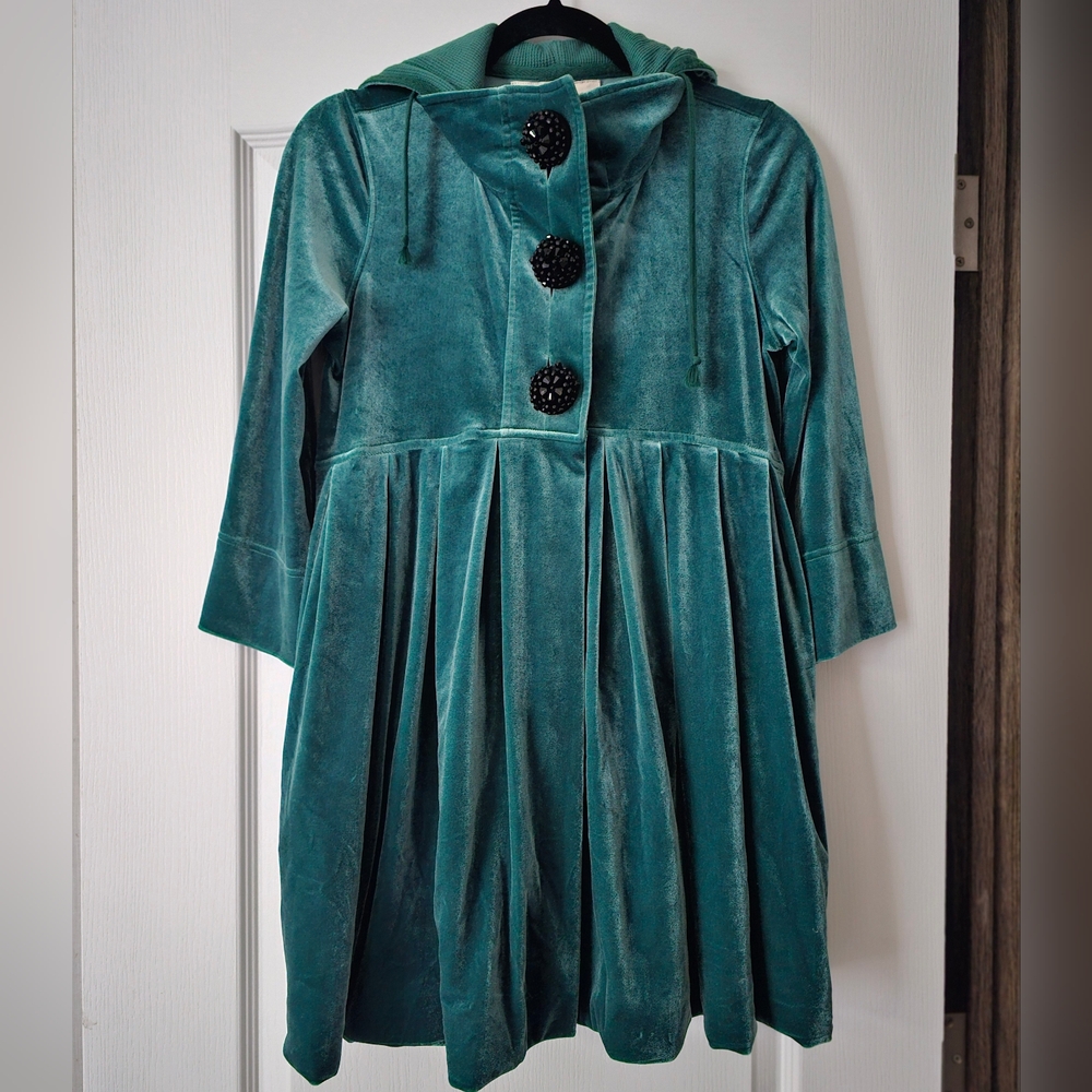 Free People Starlight Green 💚 Velvet Hooded 3 Button Up Cape Jacket